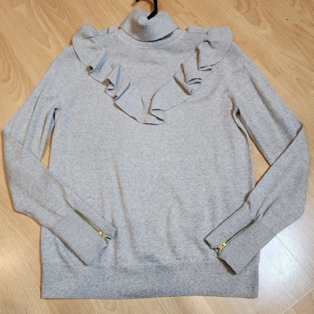 J. Crew Merino Wool Grey Turtleneck Ruffle Sweater Zip‎ Cuffs Size Medium